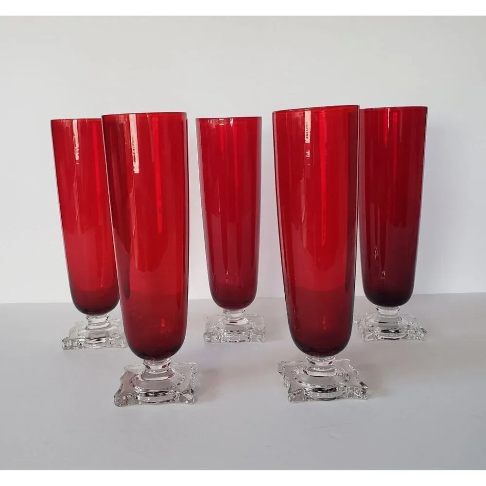 Vintage MCM Seneca Slim Jim 903 Ruby Red Footed Pilsner Beverage Glass Vase Set